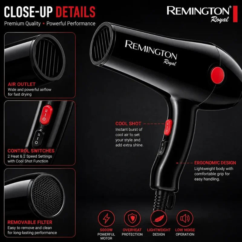 Remington Royal Style House Hair Dryer | Model S-6004 | Fast Drying | Cool Shot Function | 5000W