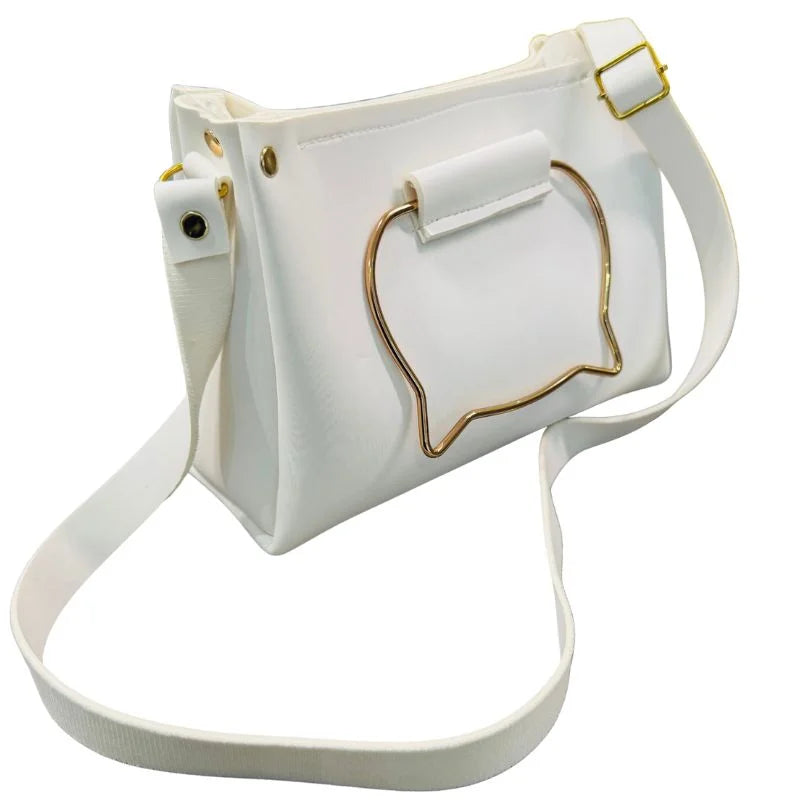 White Elegant Cat Handle Handbag for Girls & Ladies | Stylish Shoulder & Crossbody Bag with Gold Accents | Adjustable Strap