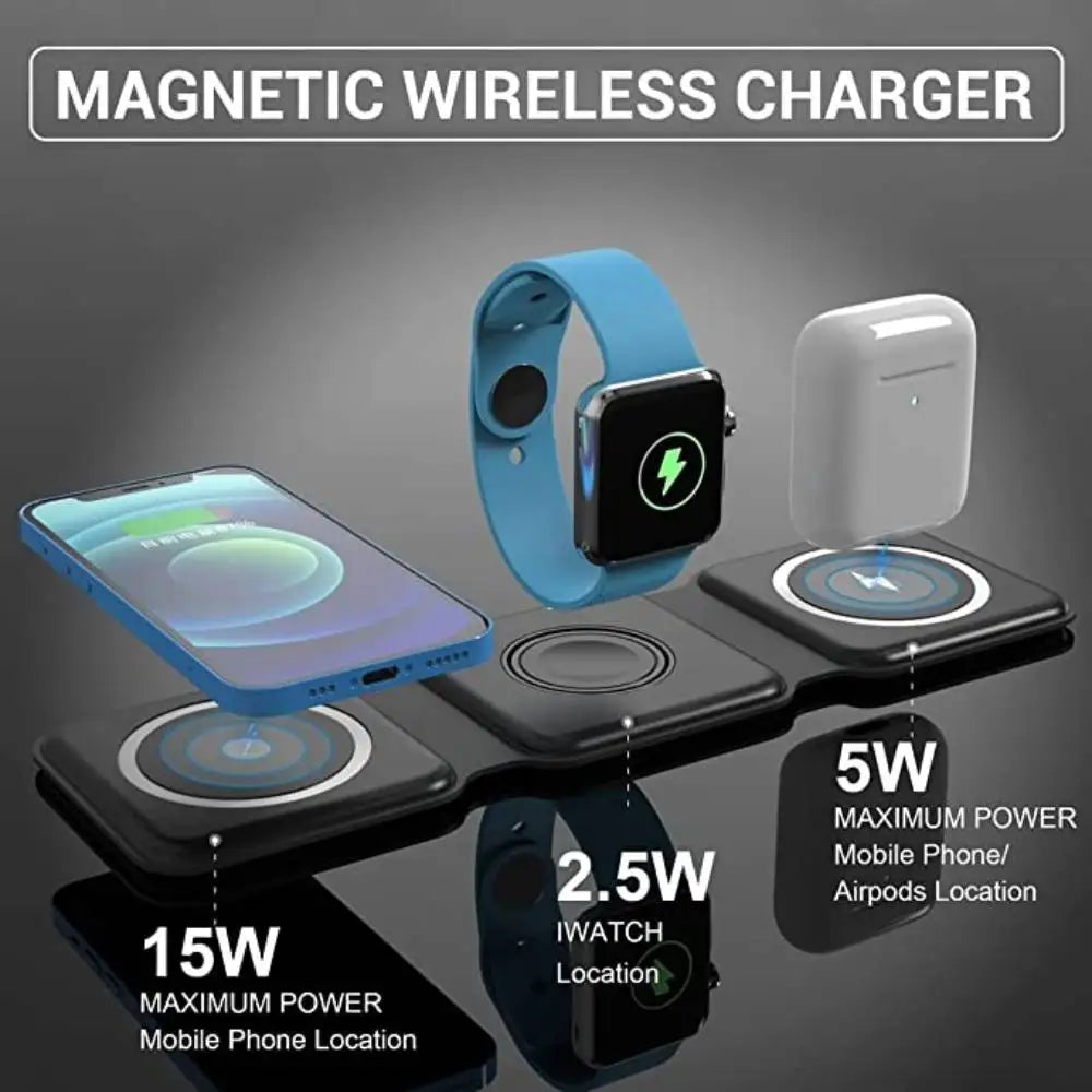 3-in-1 Foldable Magnetic Wireless Charger 15W Charging Station for iPhone Apple Watch and AirPods