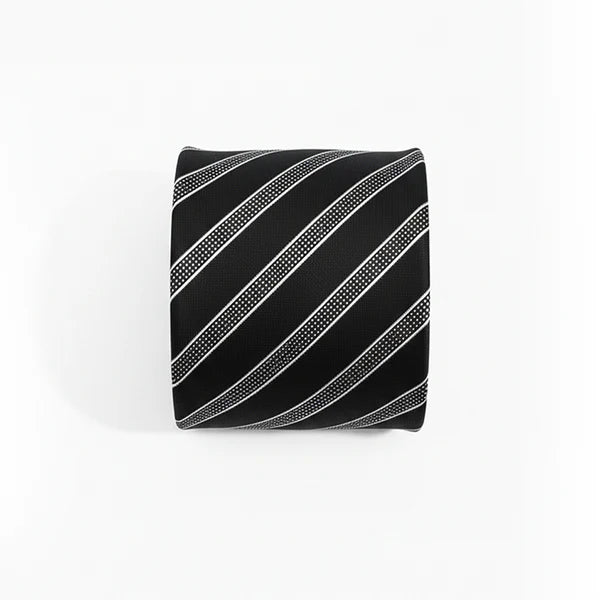 Black Label Diagonal Tie & Pocket Square Set | Premium Men’s Formal Black Tie | Classic Diagonal Stripe Design