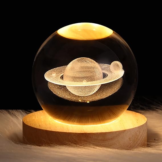 3D Galaxy Space Crystal Ball Night Light with Wooden LED Stand | USB Decorative Table Lamp | Random Designs