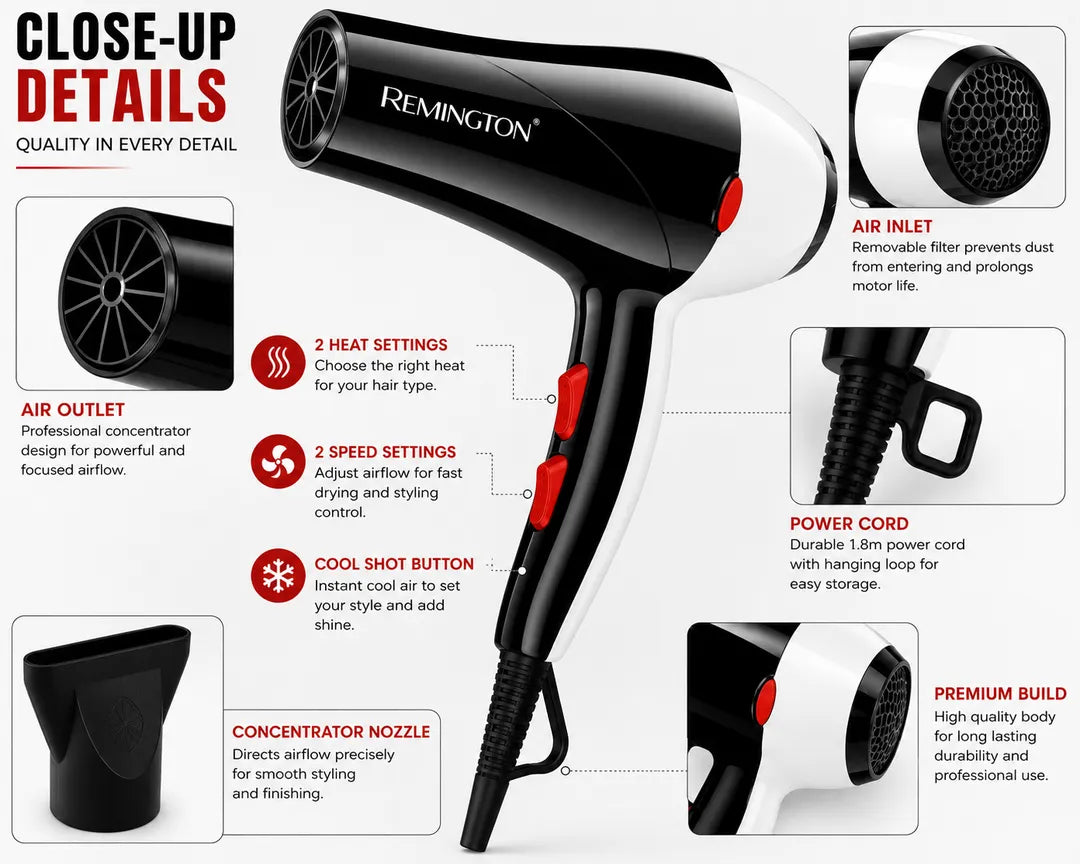Remington Hair Dryer RM-6002 | 5000W Powerful Hair Dryer with Hot & Cool Air | 2 Speed Settings | Compact Salon Hair Styling Dryer