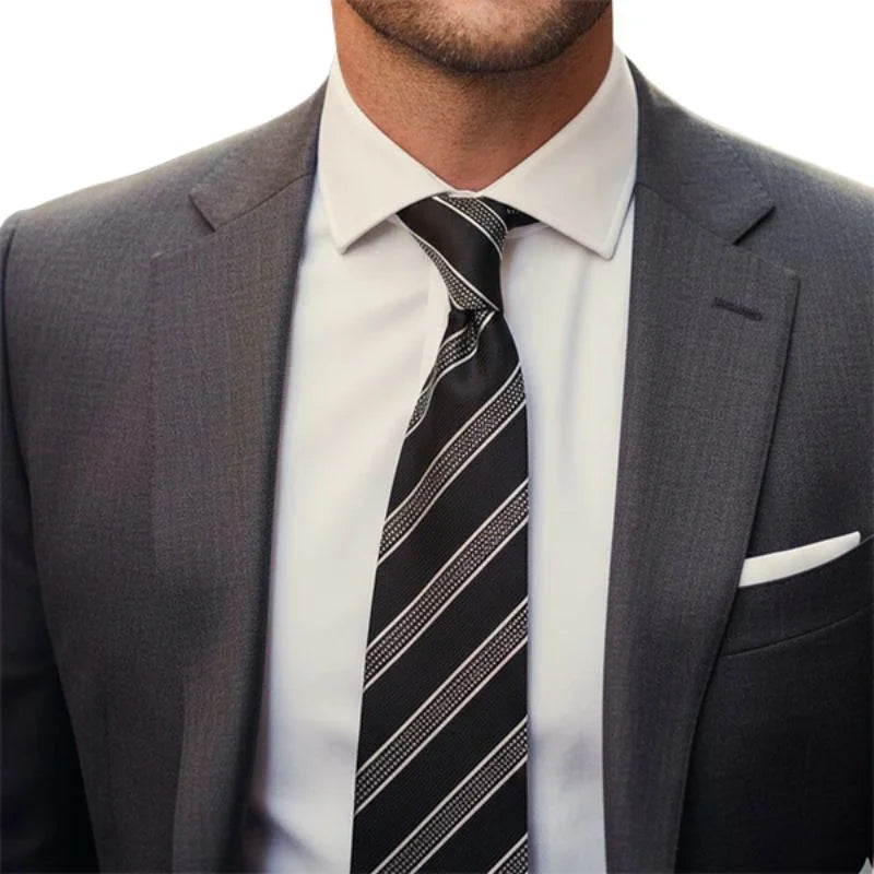Black Label Diagonal Tie & Pocket Square Set | Premium Men’s Formal Black Tie | Classic Diagonal Stripe Design