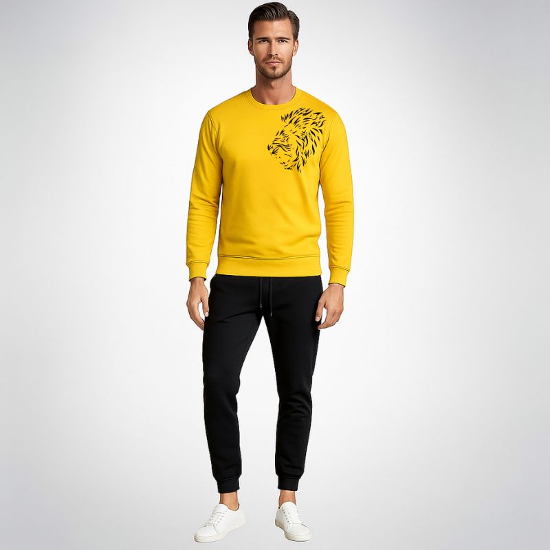 LION Printed Yellow  Tracksuit Sweatshirt & Trouser  | Warm & Comfortable Winter Wear | Medium