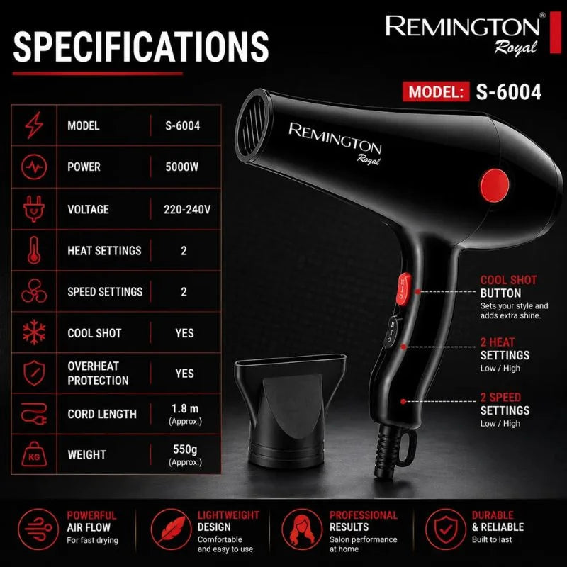 Remington Royal Style House Hair Dryer  | Model S-6004 | Fast Drying | Cool Shot Function | 5000W