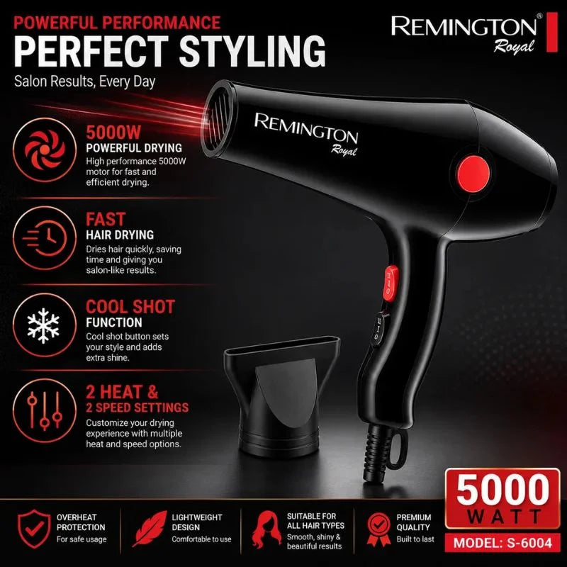 Remington Royal Style House Hair Dryer  | Model S-6004 | Fast Drying | Cool Shot Function | 5000W