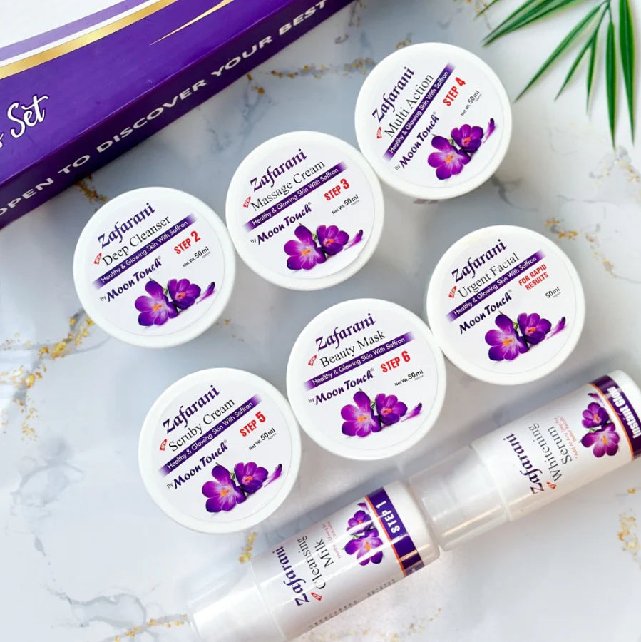 Moon Touch New Zafrani Facial Kit | Saffron Brightening Herbal Facial Set for Glowing Skin (8 Pcs)
