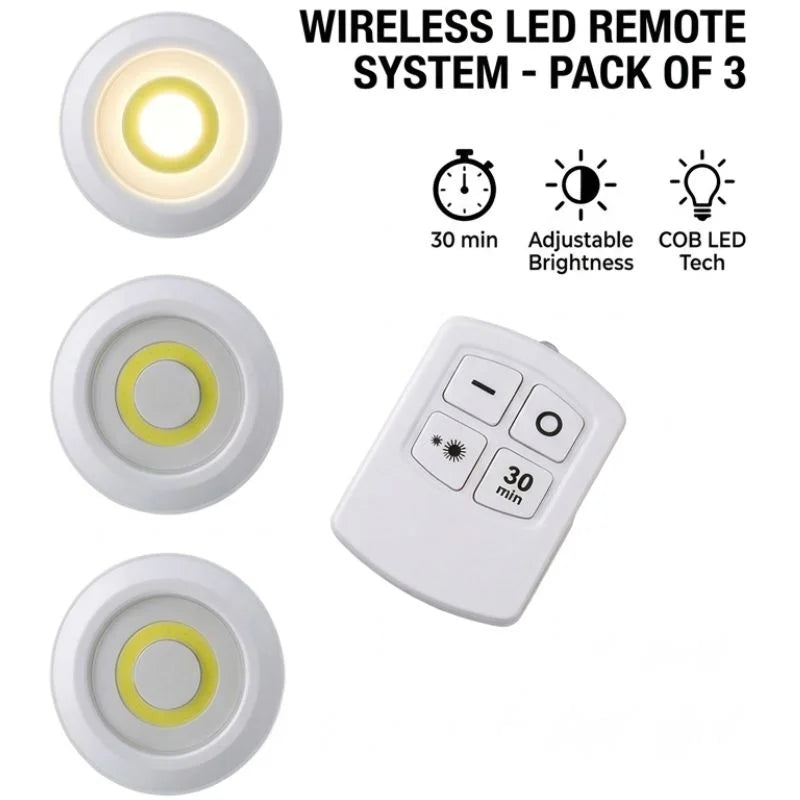 Pack of 3 LED Remote Control Tap Lights  | Self-Adhesive Cabinet, Wardrobe & Kitchen Lights