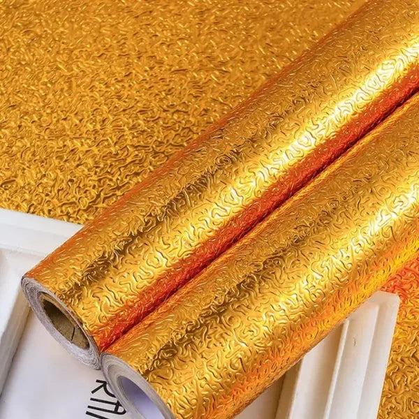 Golden Foil Kitchen Wallpaper Sticker | 60×200cm | Peel & Stick Aluminum Foil Wall Covering | Oil-Proof, Waterproof & Heat-Resistant Decor