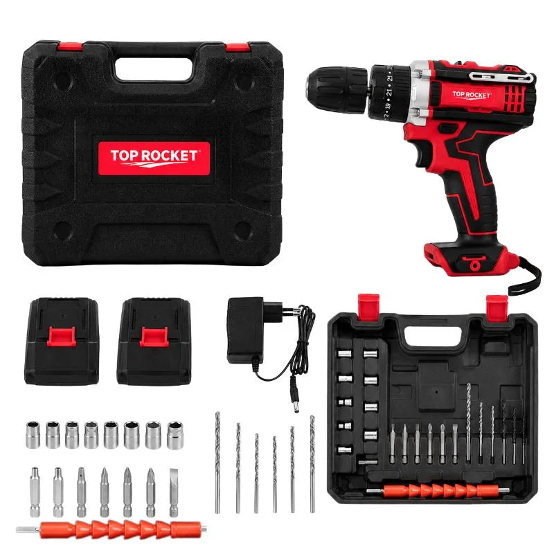 A cordless drill kit by Top Rocket shown on a white background, including the drill, two battery packs, charger, various drill bits, sockets, and a black carrying case with red accents.
