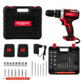 A cordless drill kit by Top Rocket shown on a white background, including the drill, two battery packs, charger, various drill bits, sockets, and a black carrying case with red accents.