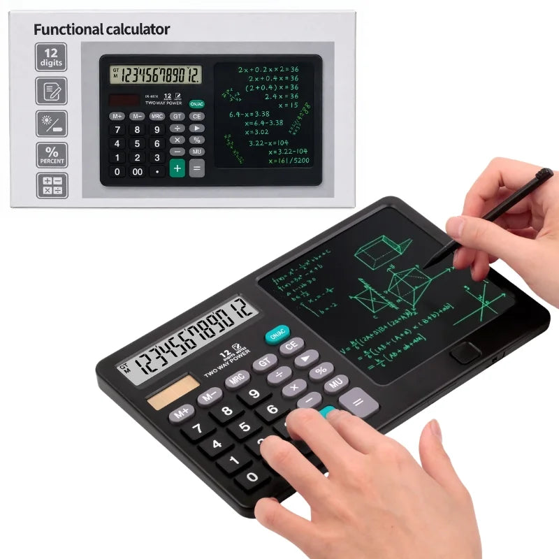 Functional Calculator with LCD Writing Tablet | Model DS-837X | 2-in-1 Digital Calculator & Reusable Notepad | Solar & Battery Powered | Stylus Pen