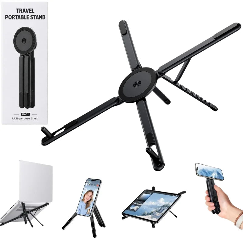 3-in-1 Magnetic Foldable  Stand |Model K001 | Aluminum Alloy Phone laptop & Tablet Holder | 8-Level Adjustable Height | 360° Rotating Base | Portable Travel Stand