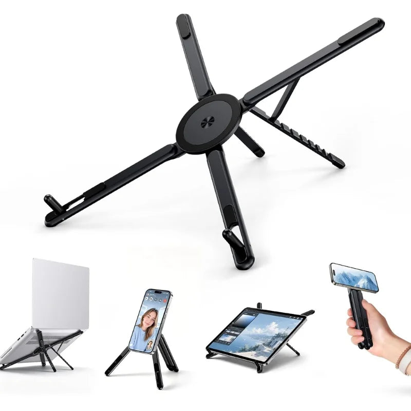 3-in-1 Magnetic Foldable  Stand |Model K001 | Aluminum Alloy Phone laptop & Tablet Holder | 8-Level Adjustable Height | 360° Rotating Base | Portable Travel Stand