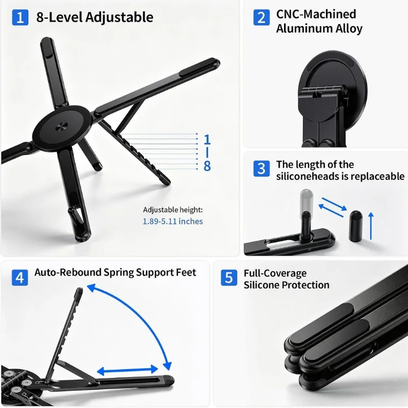 3-in-1 Magnetic Foldable  Stand |Model K001 | Aluminum Alloy Phone laptop & Tablet Holder | 8-Level Adjustable Height | 360° Rotating Base | Portable Travel Stand